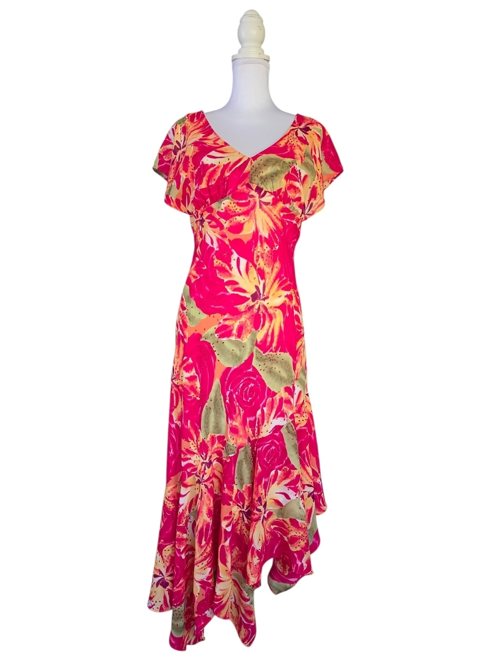 CDC Y2k Pink Floral High-Low V-Neck Dress with Green Accents
